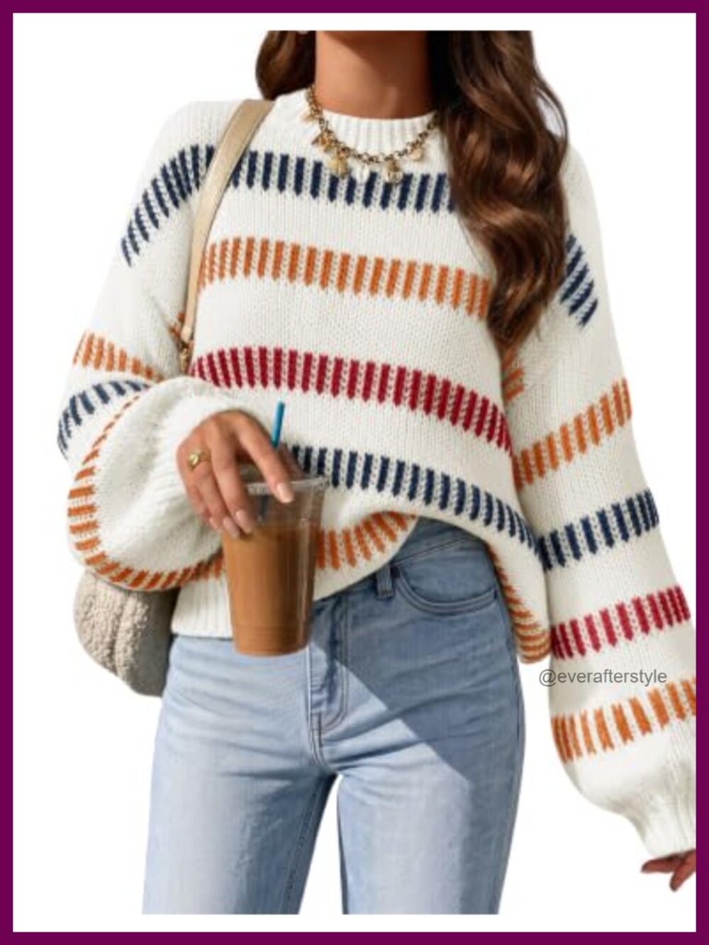 Oversize Striped Chunky Knit Pullover Sweater Cozy Fall Winter Crew Neck Long